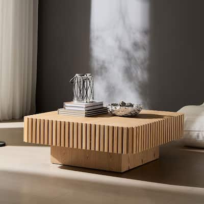 35.43 Inch Modern Handcraft Drum Coffee Table Square Coffee Table For Living Room,Sturdy Mdf Pedesta