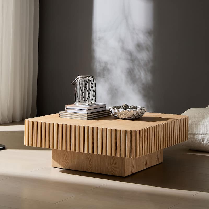 Small Accent Table Wooden Coffee Table Square Pedestal Base Center Table with Side Fluted Design and Wood Grain Veneer - Natural