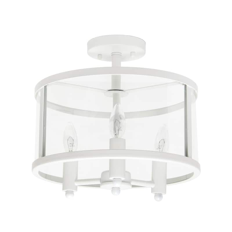 3-Light Semi Flush Mount Ceiling Light - Industrial Glass Shade, Modern Farmhouse Design, Matte White Finish - 12.5