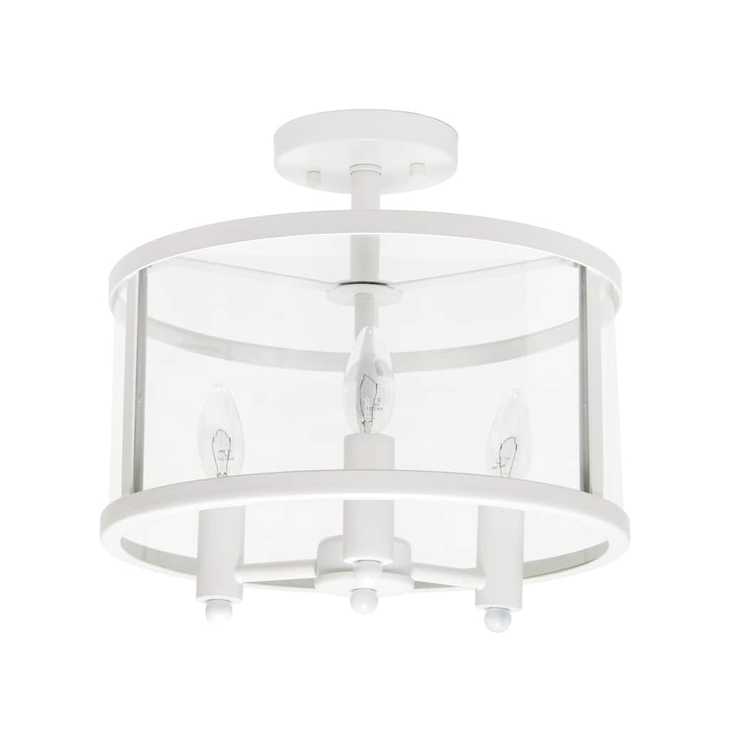 HomeStock 3-Light Semi-Flushmount Ceiling Fixture - Matte White Iron & Glass Shade - Bedroom, Foyer, Living Room Lighting - 9.25