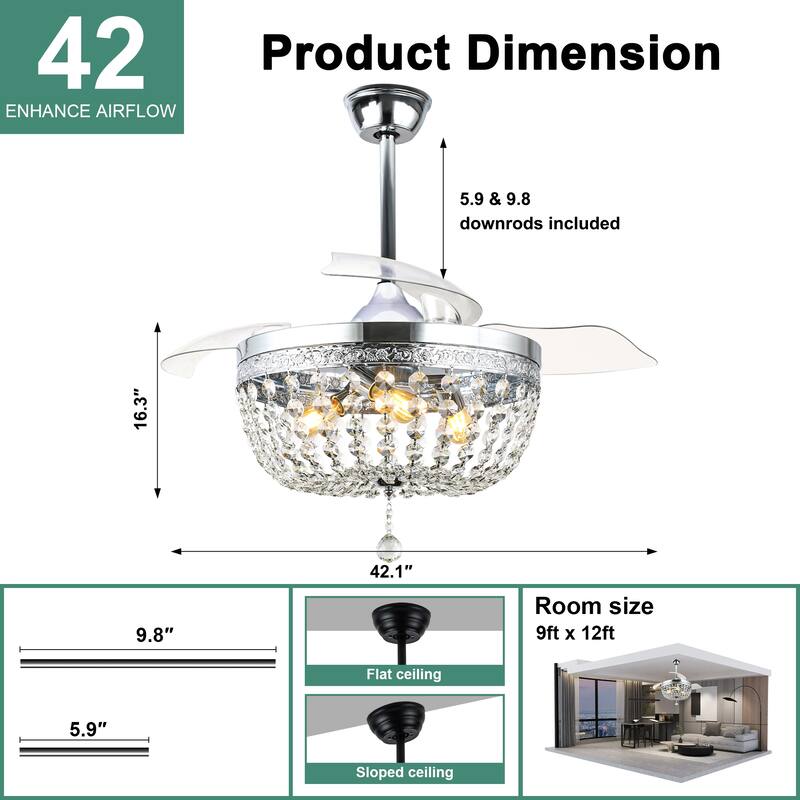 Cusp Barn 42" Crystal Retractable Ceiling Fan with Remote, Modern 6 Speeds Qiuet DC Motor Reversible Ceiling Fan for Bedroom