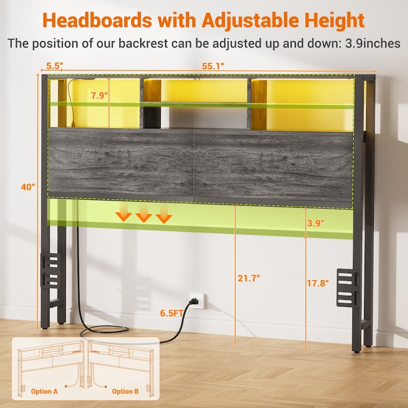 Headboard with Storage and Charge Station, Platform Bed Heaboard with LED Lights