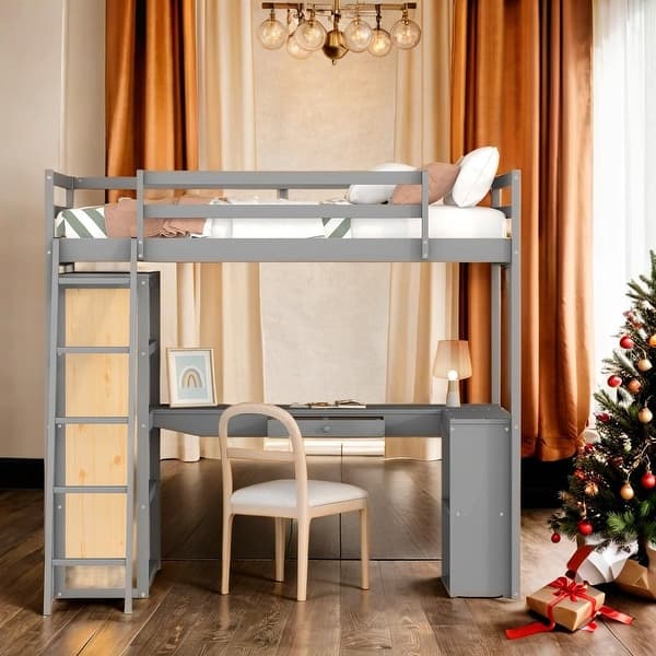 slide 2 of 27, Twin Size Loft Bed with Ladder, Shelves, and Desk Gray