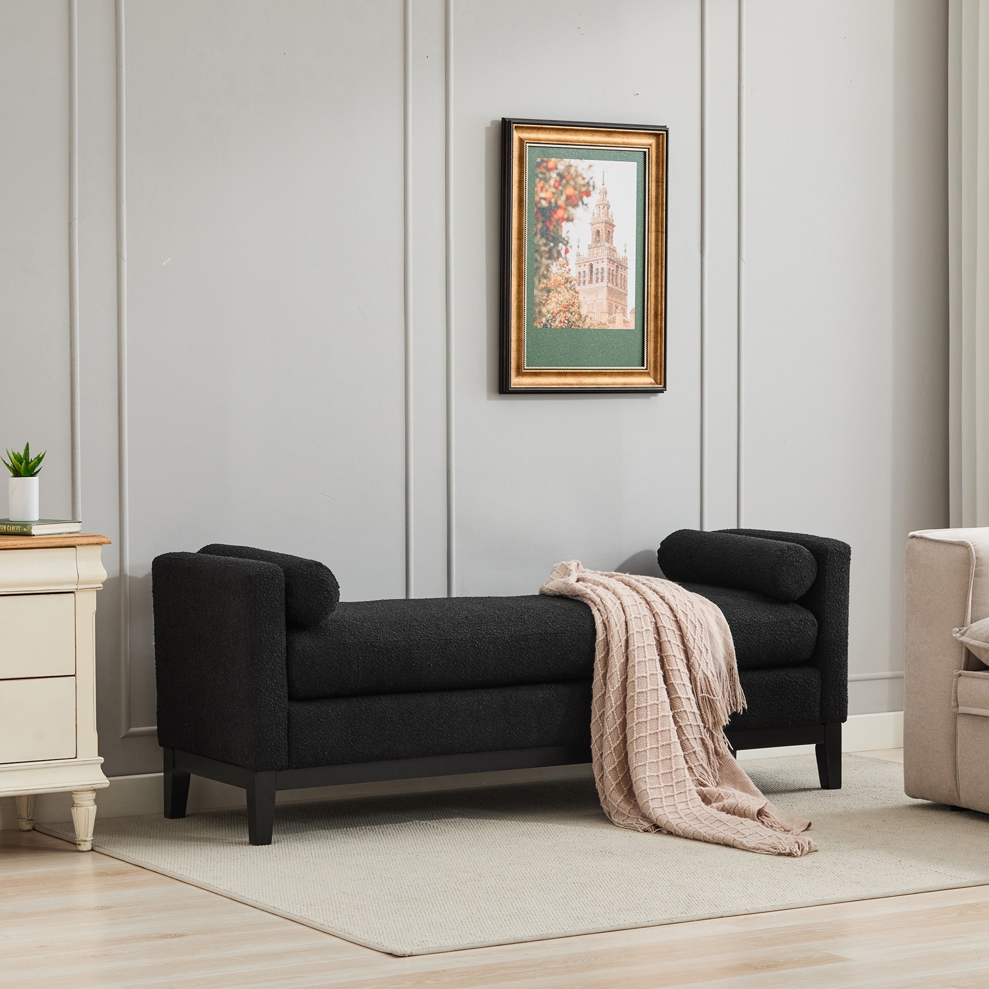 Upholstered End of Bed Bench with Black Finish Wood Frame