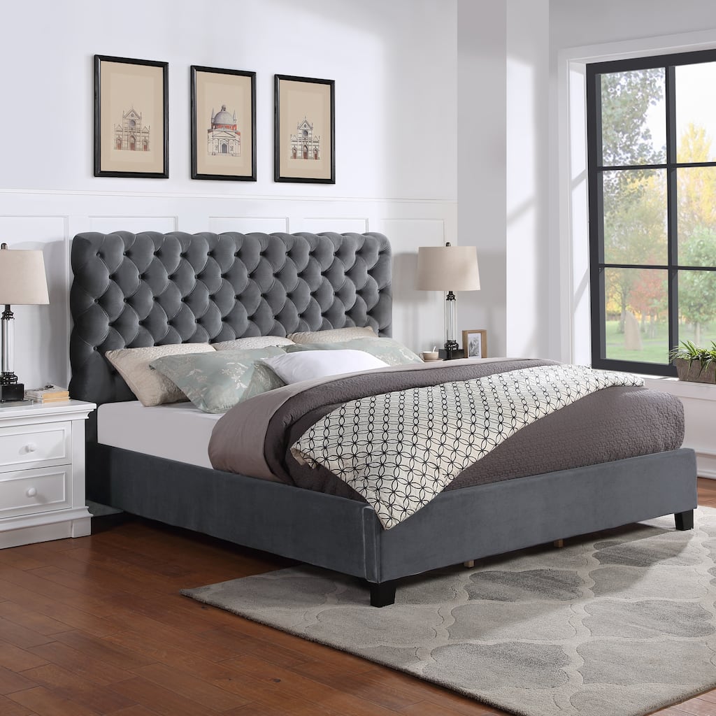 Roundhill Furniture Apoera Velvet Upholstered Button Tufted Bed, King, Gray