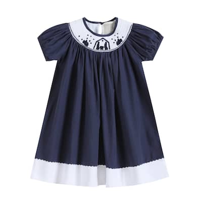 Lil Cactus Blue and White Christmas Nativity Smocked Bishop Dress