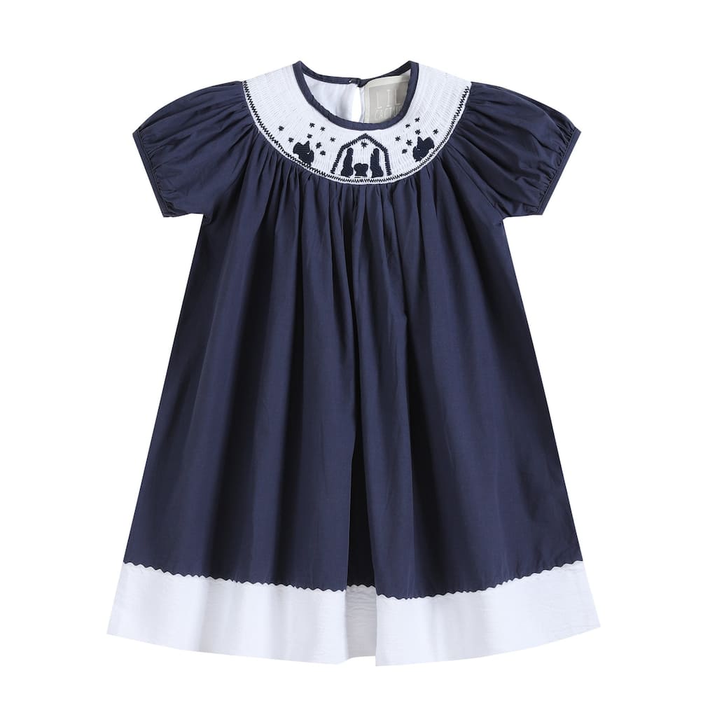 Lil Cactus Blue and White Christmas Nativity Smocked Bishop Dress
