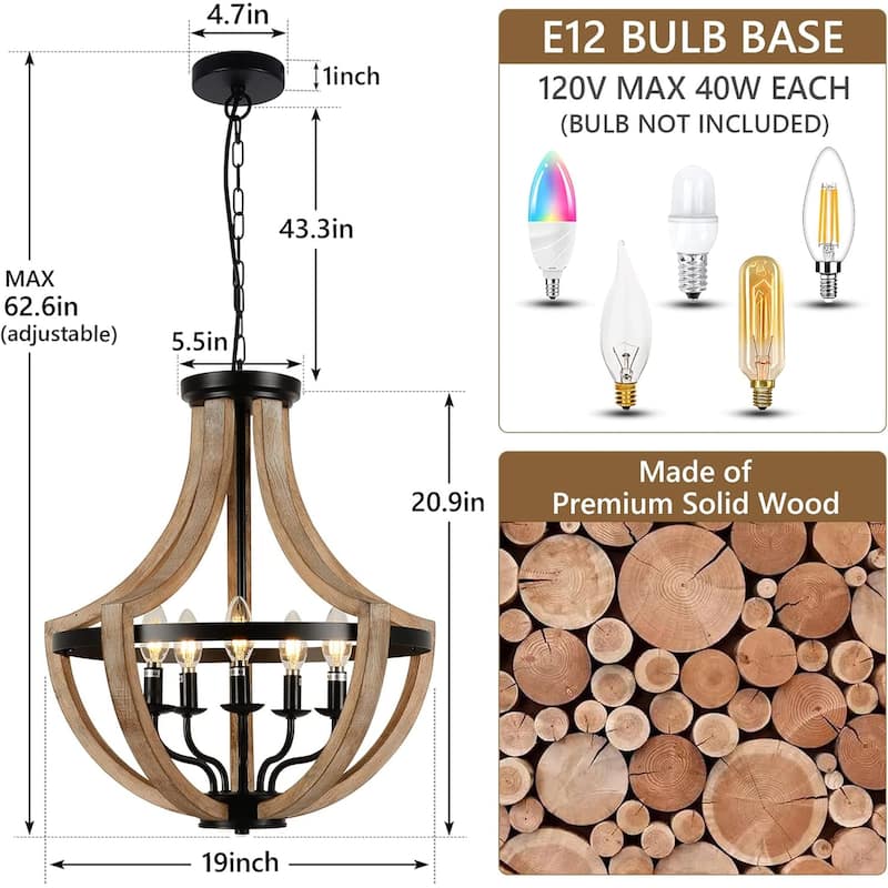 19" Farmhouse Chandelier Light Fixtures - wood