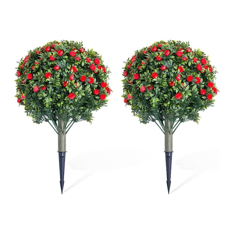 Set of 2/4 Artificial Topiary Ball Trees with Metal Stakes with Rose Flowers - Red 2 pcs