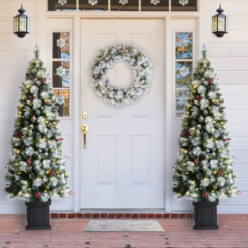 Glitzhome 4ft/5ft/6ft Pre-Lit Pine Artificial Christmas Porch Tree with Warm White Lights - 6ft-2PK
