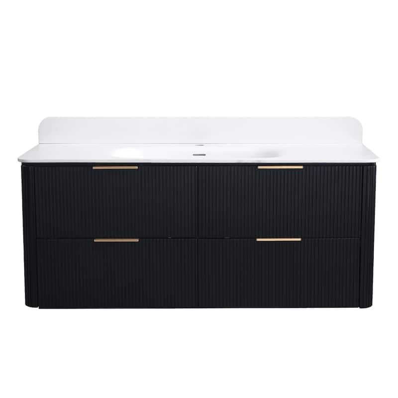 48" Floating Bathroom Vanity with Integrated countertop Rectangulare Sink Solid Wood - 48 inch - Brass Finish - Black Oak - 48 inch