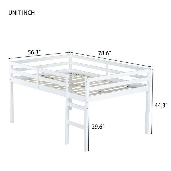 Full Size Loft Bed with Wide Ladder and Guard Rails, Rubber Wood Frame with Open Underbed Storage