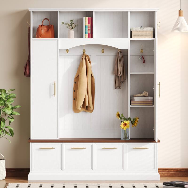 59" Farmhouse Hall Tree - 4-in-1 Entryway Bench with Golden Hooks, Adjustable Shelves & Shoe Storage - White