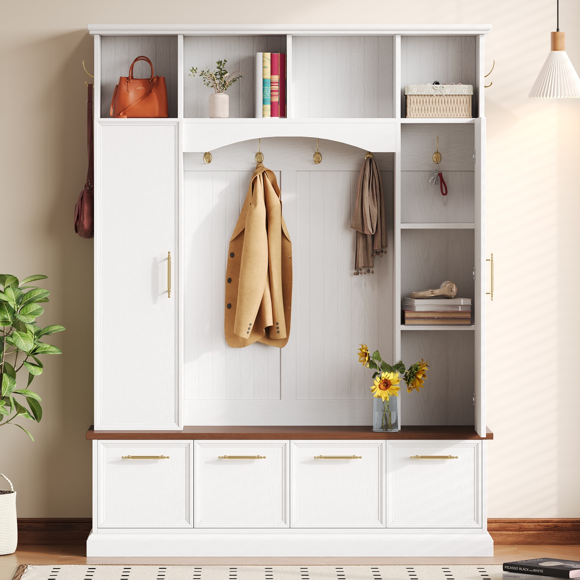 Wooden Shoe Cabinet, Hall Tree with Golden Hooks & Handles, Entryway Coat Rack Bench with Adjustable Shelves