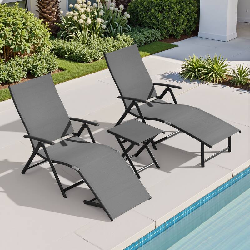3-Pieces Outdoor Chaise Lounge Set Aluminum Adjustable Foldable Chaise Lounge Chairs and Side Table - Gray