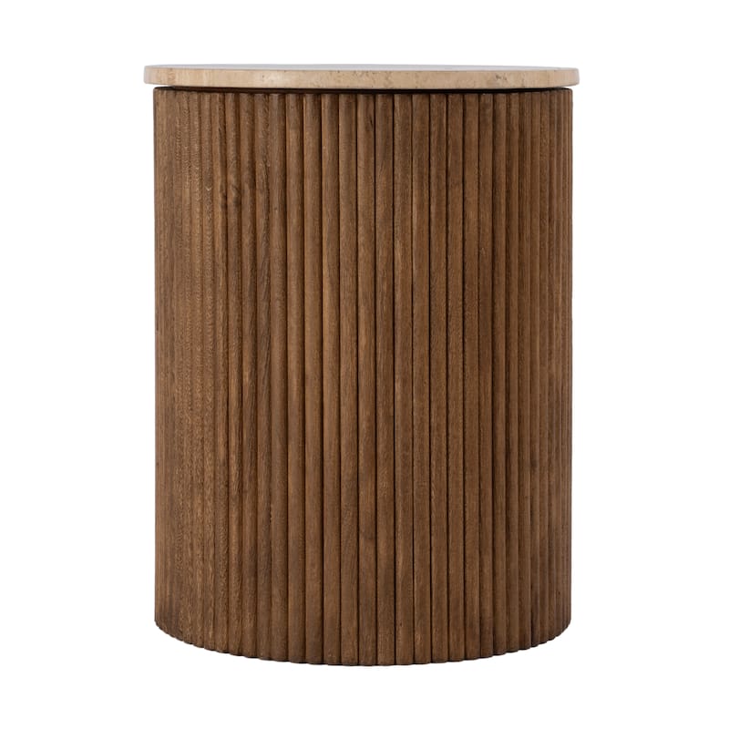 Ruby 15 in. W Round Fluted Travertine and Wood Side Table