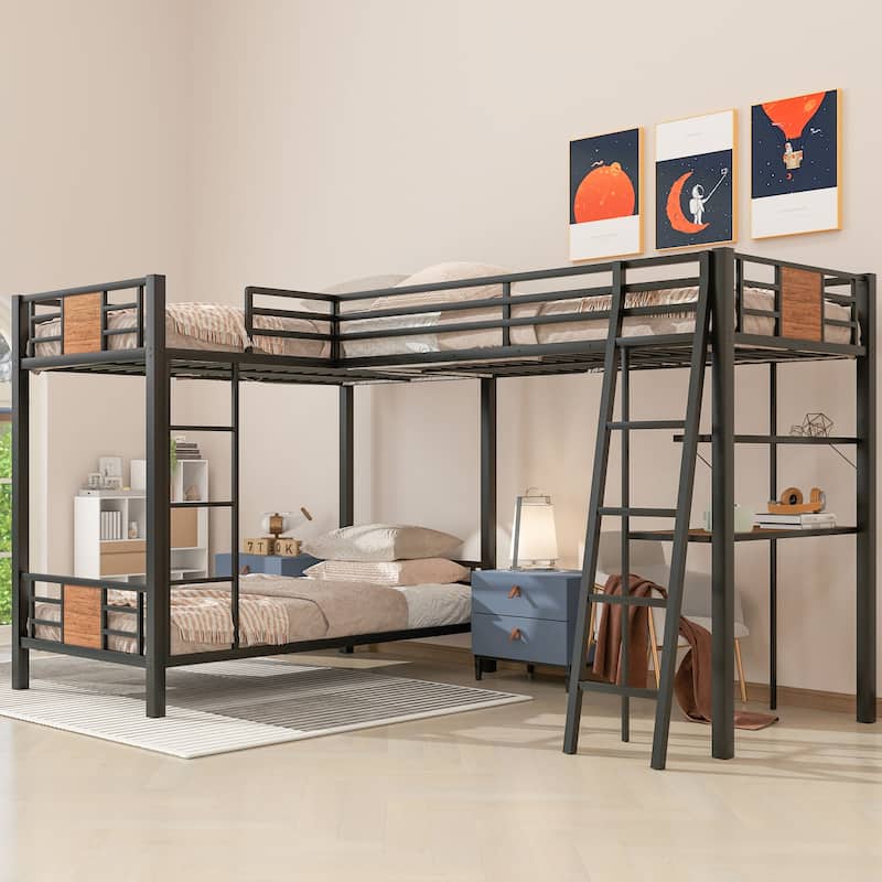 L-Shaped Twin over Twin Bunk Bed with Loft Bed, Desk, and Shelf, Brown - Brown