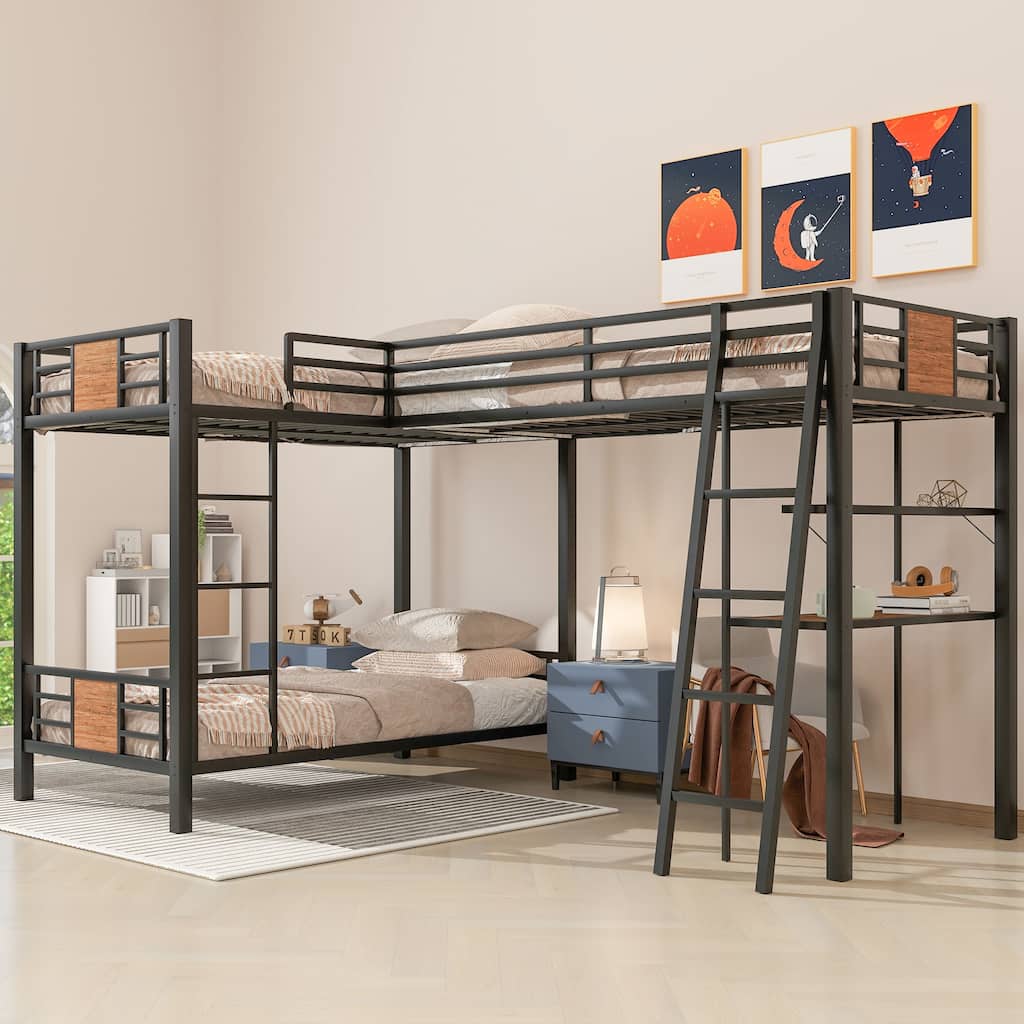 L-Shaped Twin over Twin Bunk Bed with Loft Bed, Desk, and Shelf, Brown