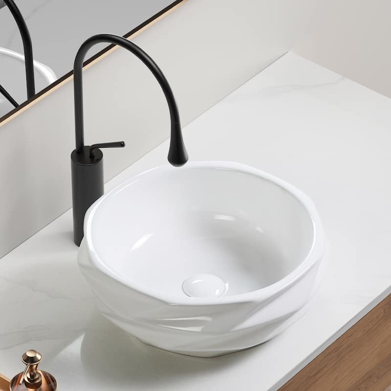 GDFStudio - Arlo Artistry Compact Modern Textured Ceramic Vessel Sink with Bas Relief Surface, No Drain and Faucet Hole