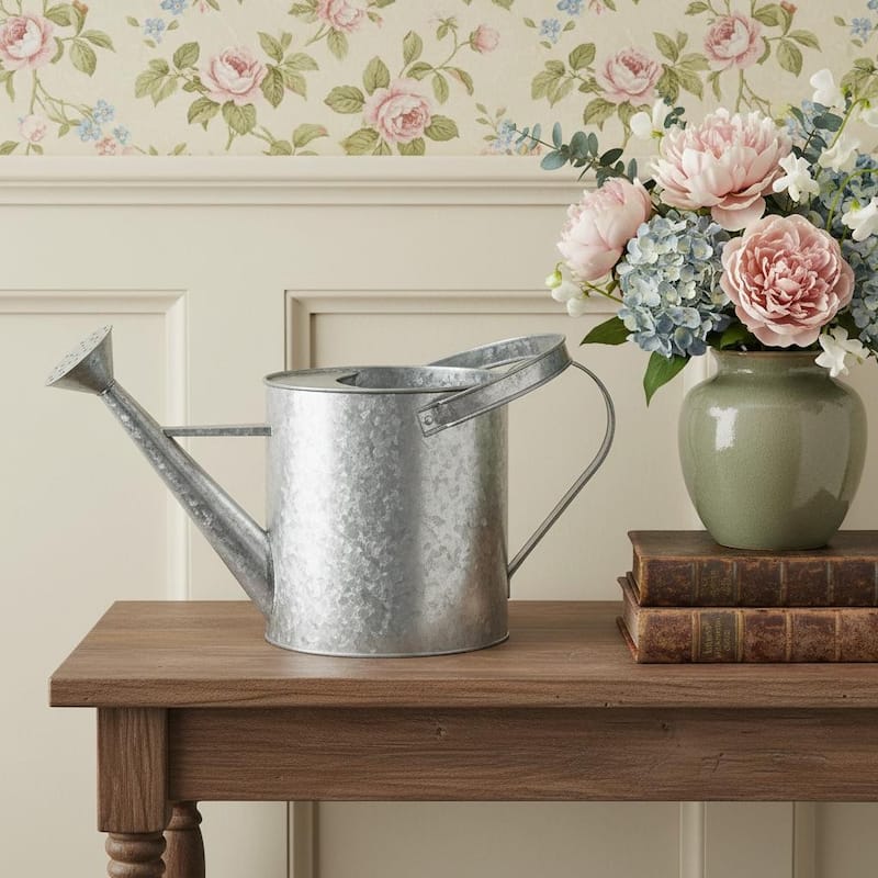 HomeRoots 9" Gray Galvanized Metal Decorative Watering Can - 17.00 in. x 9.25 in. x 8.00 in. - Gray - 17.00 in. x 9.25 in.  x 8.00 in.