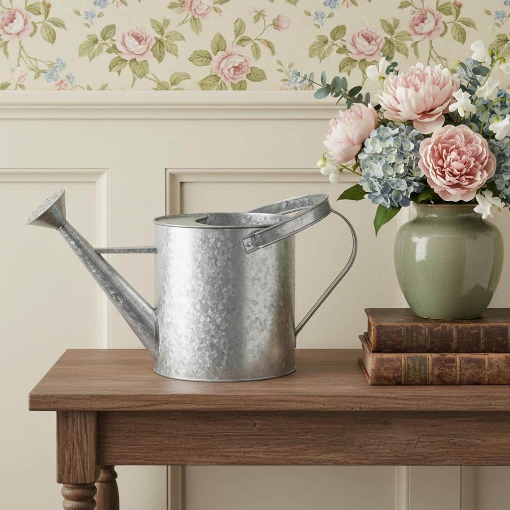 HomeRoots 9" Gray Galvanized Metal Decorative Watering Can - 17.00 in. x 9.25 in. x 8.00 in.