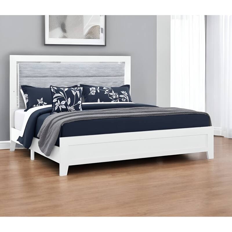 HomeRoots White and Light Gray Ribbed Texture Wood And Upholstery Lighted Full Bed Frame - Full
