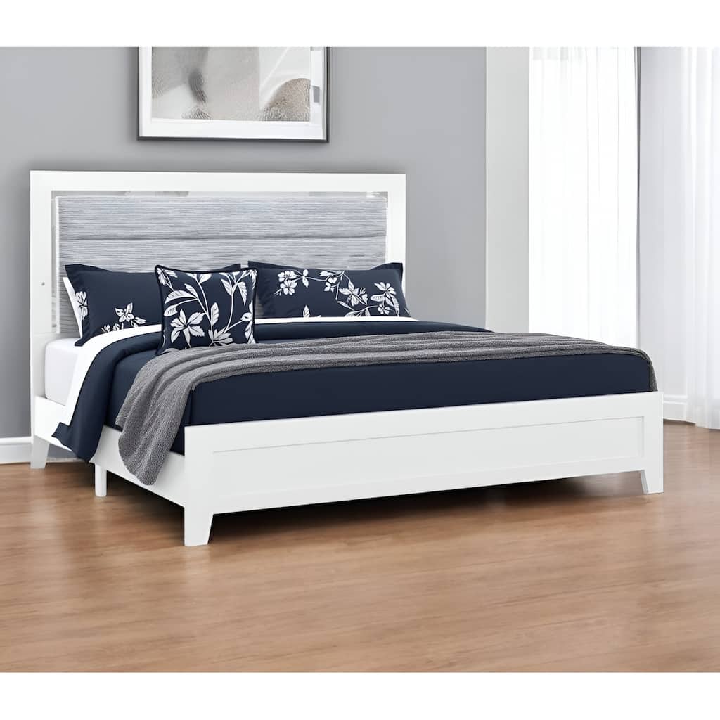 HomeRoots White and Light Gray Ribbed Texture Wood And Upholstery Lighted Full Bed Frame