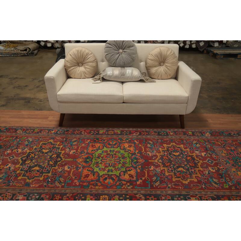 Hand Knotted Oriental 100% Wool Carpet Traditional Floral Red Heriz Runner Rug - 11' 1'' X 3' 10''
