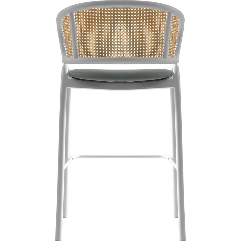 LeisureMod Ervilla Set of 2 Modern Wicker Leather Bar Stool with Curved Back & White Steel Frame for Home Office Dining Room