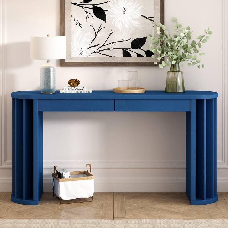 59 Inch Extra Long Entryway Sofa Table, Vintage OAK Veneer Console Table with 2 Storage Drawers and Fan Shaped Legs