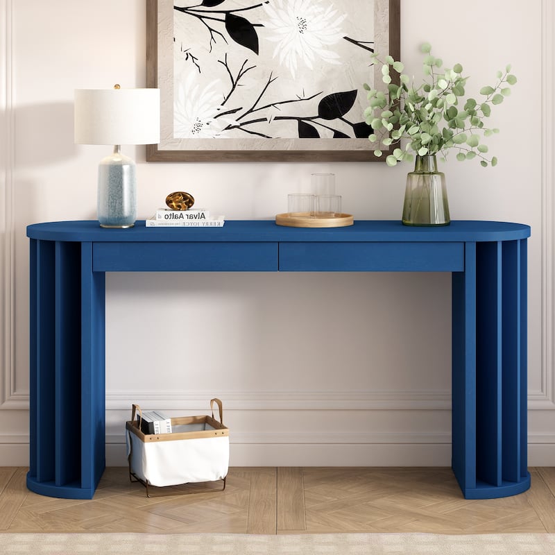 Long Console Table, Oak Veneer Sofa Table, with 2 Drawers, Behind Sofa Entryway Table with Floor-Length Fan-Shaped Legs