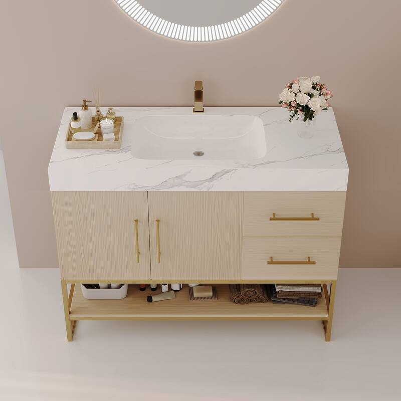 36" Modern Bathroom Vanity - Free Standing with Seamless Ceramic Sink & Gold Accent