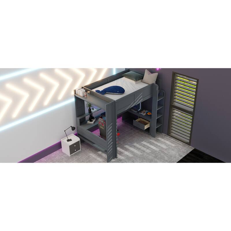 Roomfitters Full Size Gaming Loft Bed with Desk, Storage Shelves and LED Lights, Dark Gray