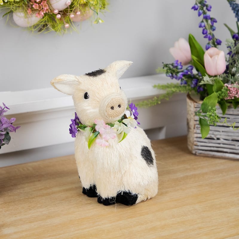 Spotted Sitting Piglet Rustic Spring Figurine 9" Off White and Black