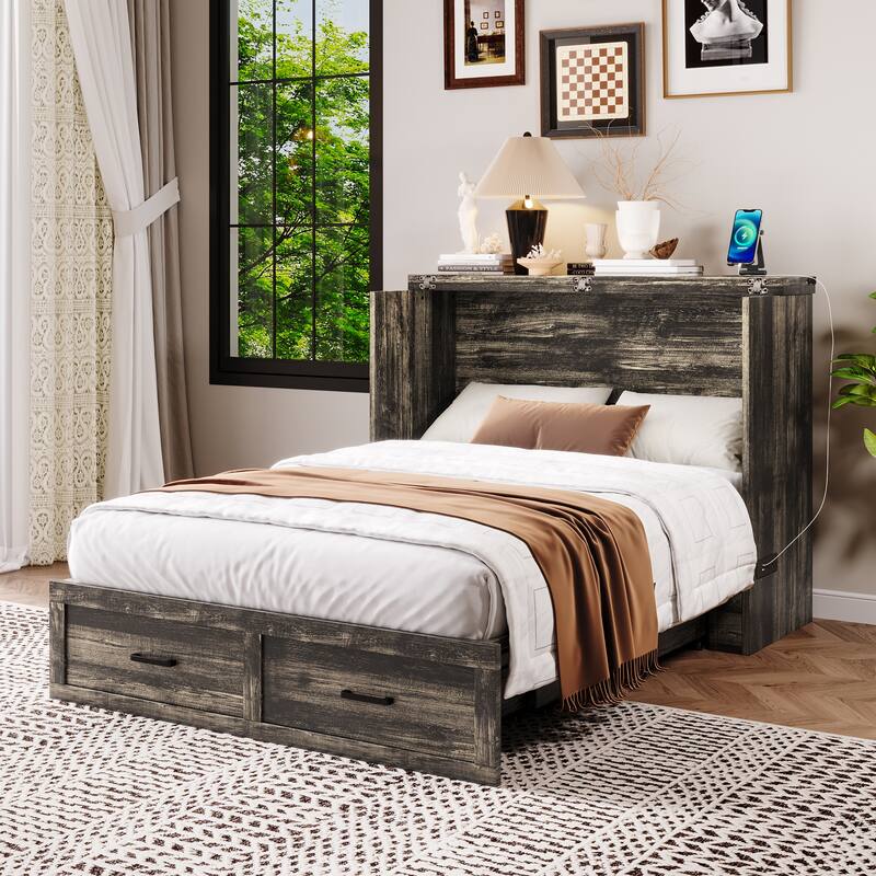 Queen/Full Size Murphy Cabinet Bed - Foldable Platform Bed with Charging Station & Large Storage Drawer - Grey - Full