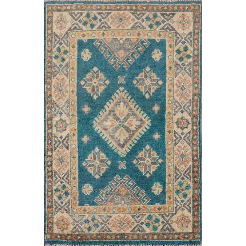 Hand Knotted Oriental 100% Wool Carpet Traditional Geometric Navy Blue & Blues Kazak Area Rug - 3' 0'' X 1' 11''