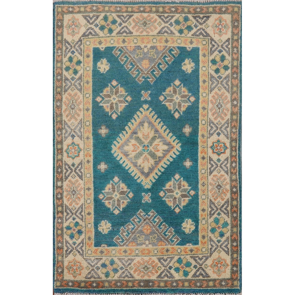 Hand Knotted Oriental 100% Wool Carpet Traditional Geometric Navy Blue & Blues Kazak Area Rug - 3' 0'' X 1' 11''