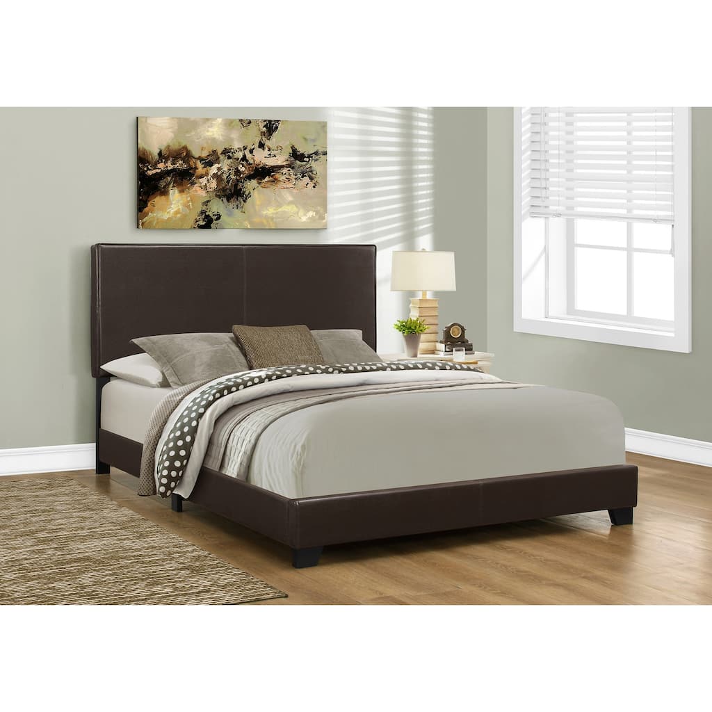 Queen Size Upholstered Bed with Leather-Look Headboard, Brown