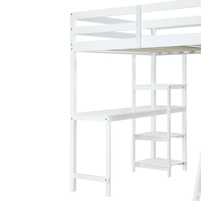 Full Size Wooden Loft Bed with Wardrobe and Desk and Shelves