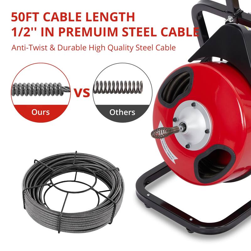 50 Ft X 1/2 Inch Drain Cleaner Machine for 1 to 4 Inch Pipes
