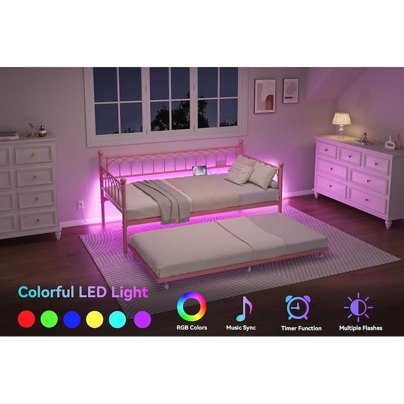 Heavy Duty Metal Platform Sofa Bed Frame, with Charging Station and LED Lights