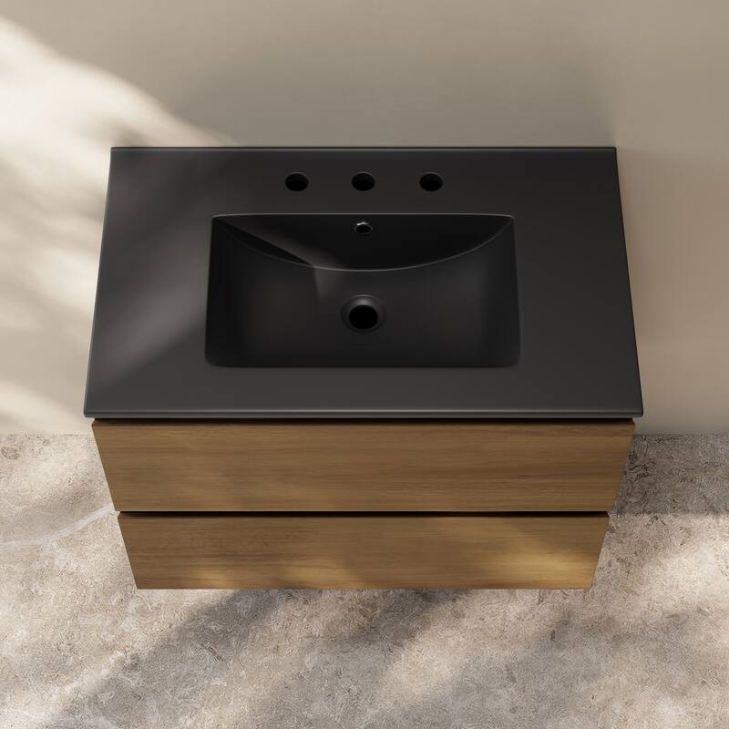 Liberte 30" Wall-Mounted Bathroom Vanity In Brown Oak With Black 3-Hole Widespread Sink Top - 30
