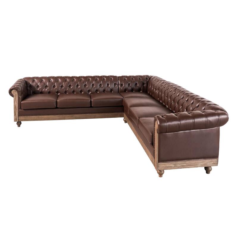 L-Shaped Sectional Sofa with Nailhead Trim & Wooden Legs, PU Leather Upholstered Sofa, Large Corner 6-Seater Sofa