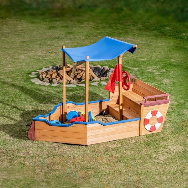 slide 2 of 15, Pirate Ship Sandbox with Cover and Rudder, Wooden Sandbox with Storage Bench and Seat, Outdoor Toy for Kids Ages 3-8 Years Old Natural Wood