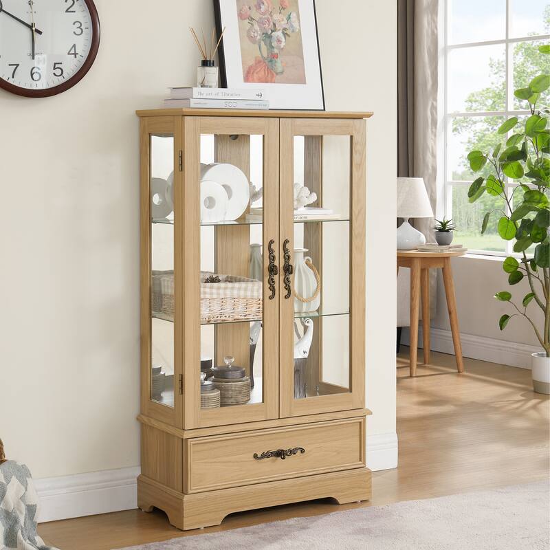 Roomfitters Retro Glass Cabinet Lighted Glass Cabinet Curio Display Cabinet with Adjustable Glass Shelves
