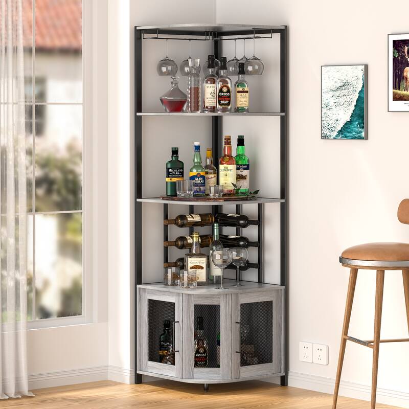 Anmytek 5 Tier Industrial Wooden Corner Wine Rack with Glass Holder & Storage Shelves