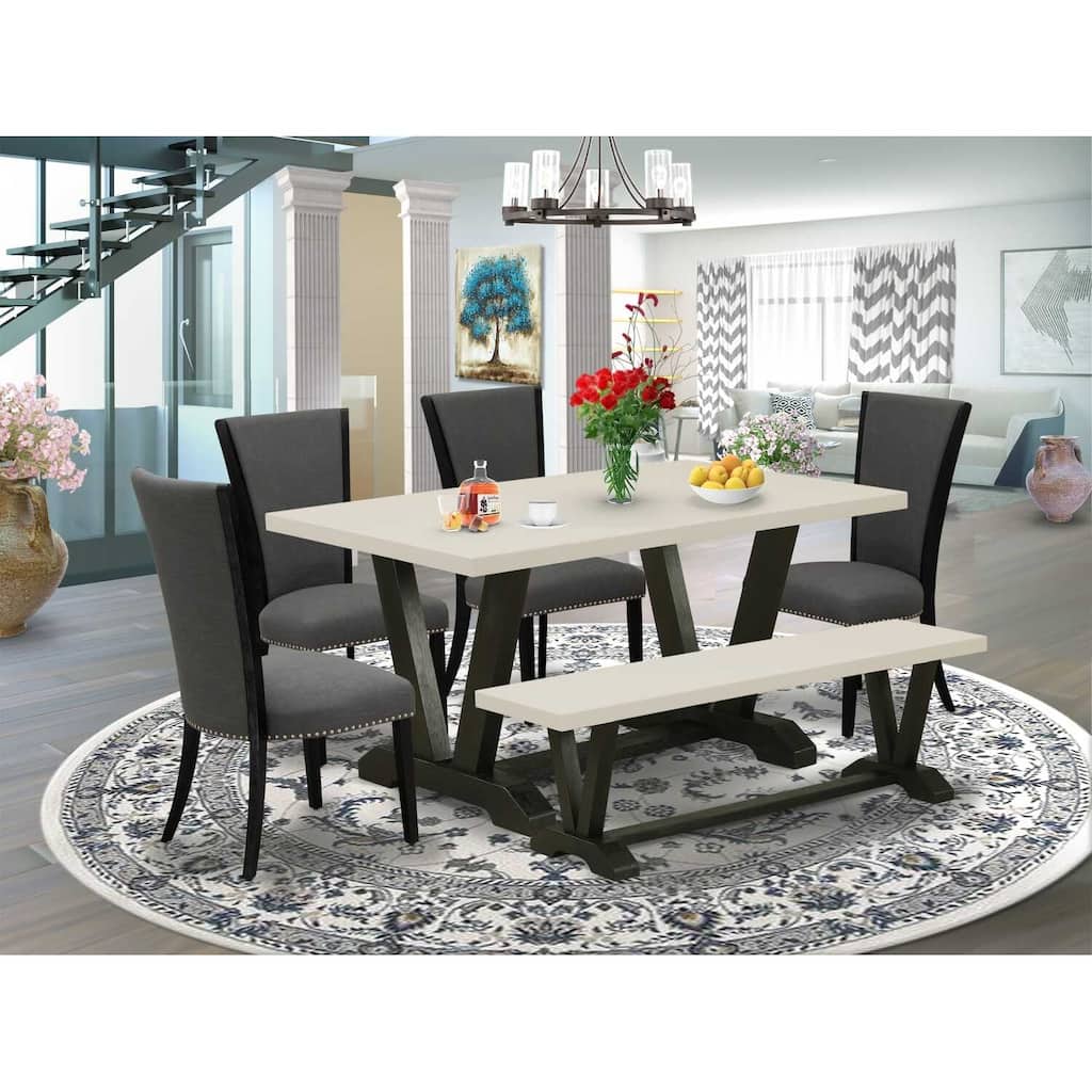 HomeStock 6-Piece Rectangle Natural Oak Finish Solid Wood Top Dining Table with 1-Bench, 4-Chairs