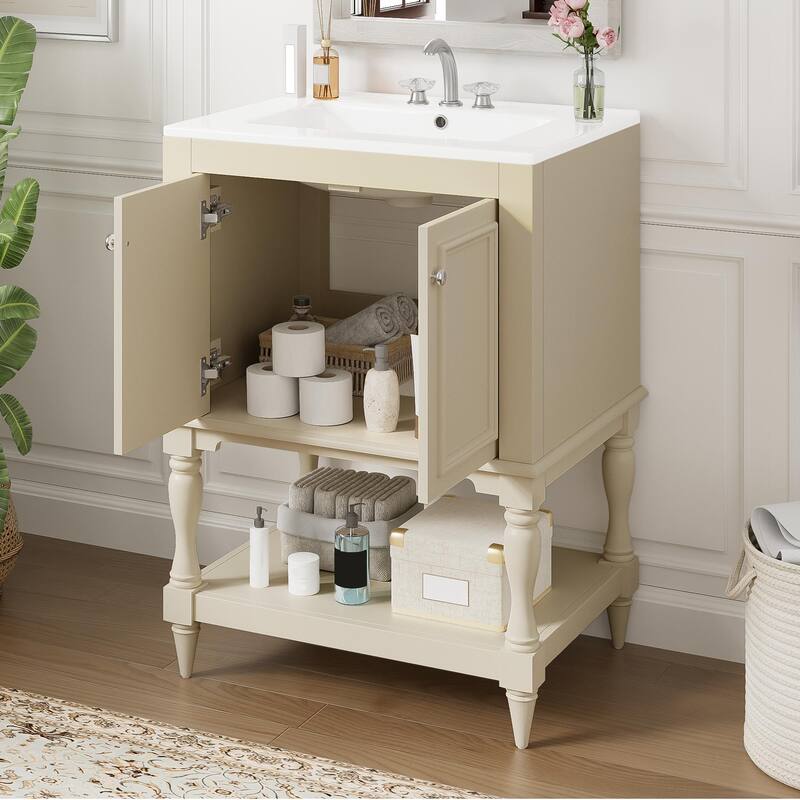 24 inch Modern Luxury Bathroom Vanity with Ceramic Sink, Bathroom Cabinet with Open Shelf and Closed Storage