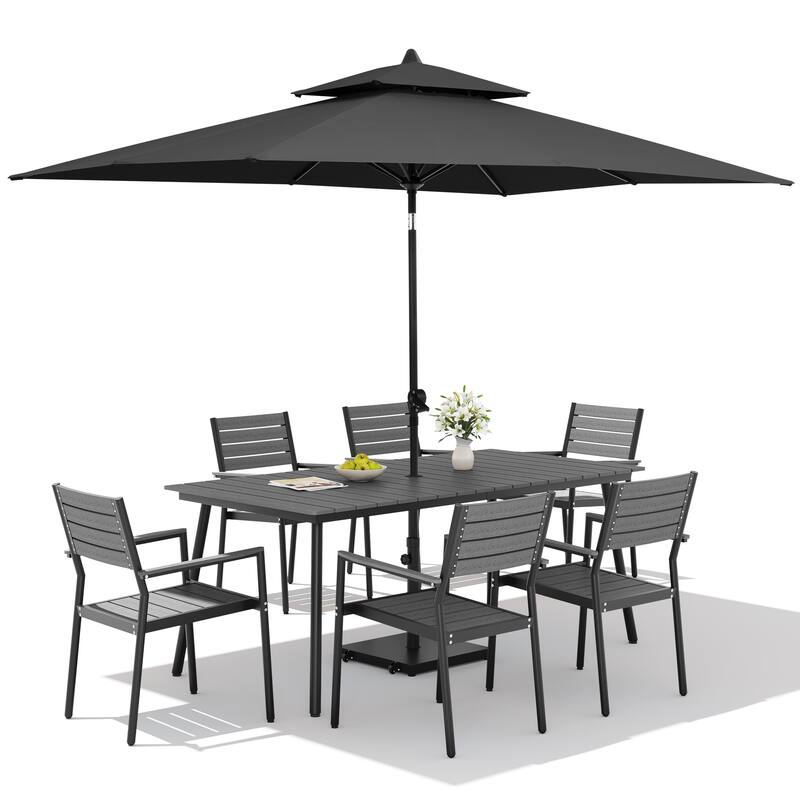 9PC Outdoor Patio Dining Set Aluminum Table with Stackable Armchairs w/ Premium Market Umbrella Sets