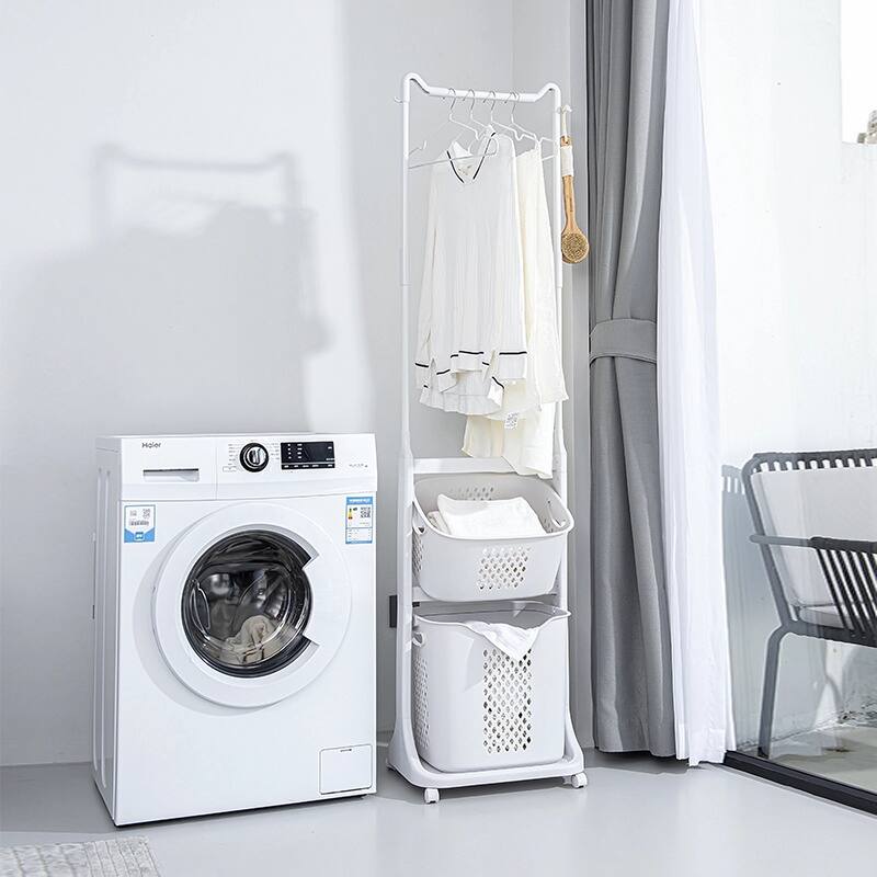 2-Tier Rolling Laundry Hamper with Removable Baskets and Hanging Rod